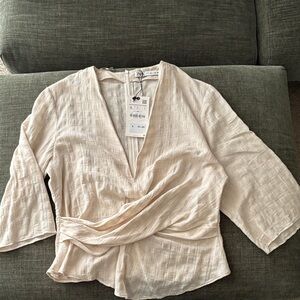 Zara Linen Light Cream Wrap-Style V-Neck Blouse